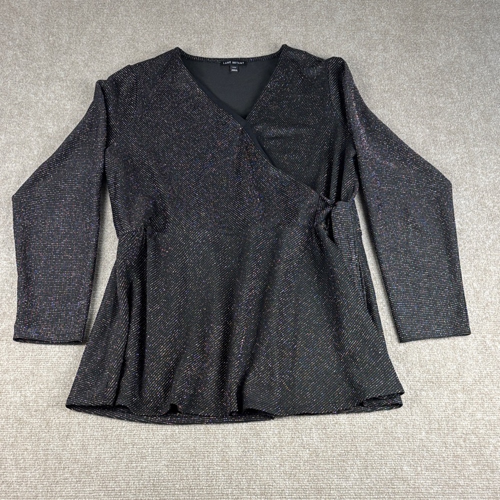 Lane‎ Bryant Women's Black Dressy Glitter Faux Wrap V-Neck Blouse Size 14/16